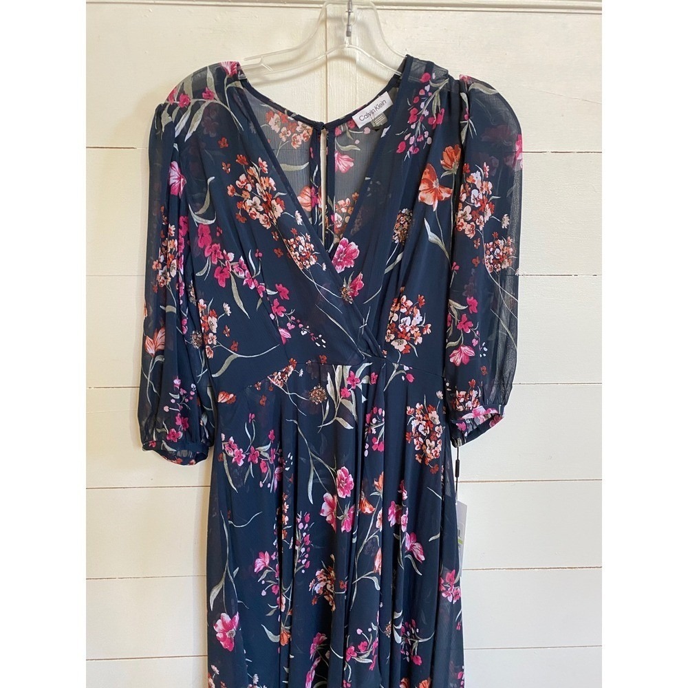 Calvin Klein Navy Blue Floral Chiffon High Low Maxi Dress 4 NWT Wedding Guest - Picture 9 of 16